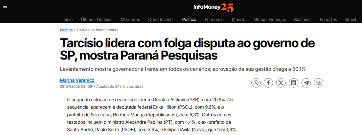 InfoMoney cita pesquisa realizada pela Paraná Pesquisas no Estado de São Paulo. 2 InfoMoney cita pesquisa realizada pela Paraná Pesquisas no Estado de São Paulo.
