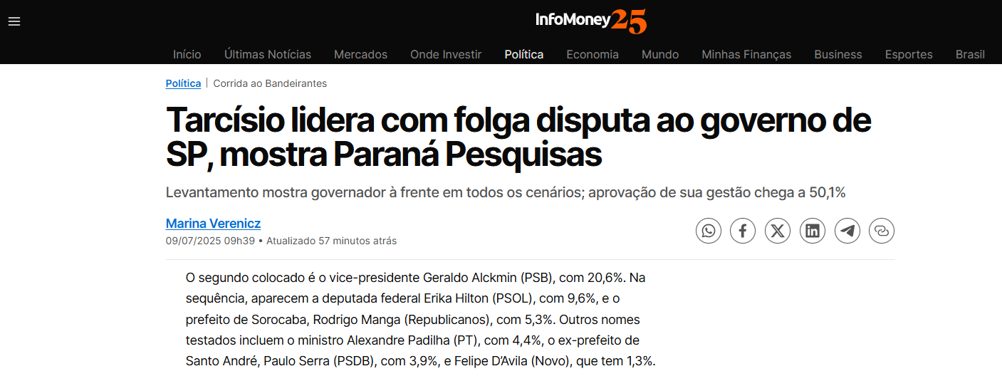 InfoMoney cita pesquisa realizada pela Paraná Pesquisas no Estado de São Paulo. 1 InfoMoney cita pesquisa realizada pela Paraná Pesquisas no Estado de São Paulo.