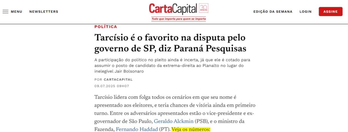 Carta Capital cita pesquisa realizada pela Paraná Pesquisas no Estado de São Paulo.