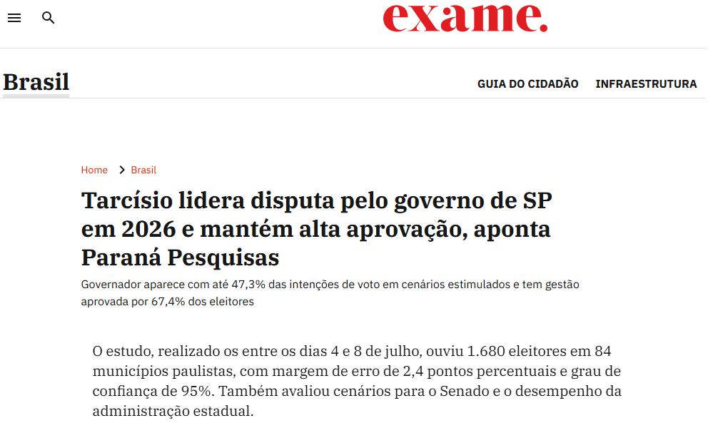 Exame cita pesquisa realizada pela Paraná Pesquisas no Estado de São Paulo.