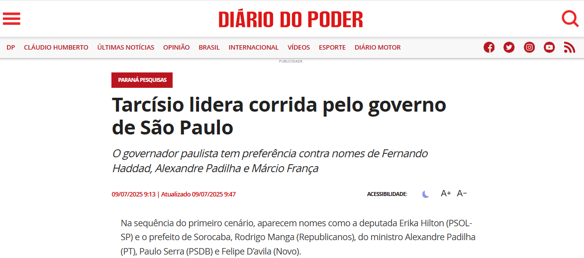 Diário do Poder cita pesquisa realizada pela Paraná Pesquisas no Estado de São Paulo. 2 Diário do Poder cita pesquisa realizada pela Paraná Pesquisas no Estado de São Paulo.