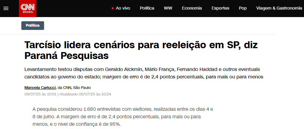 CNN Brasil cita pesquisa realizada pela Paraná Pesquisas no Estado de São Paulo. 2 CNN Brasil cita pesquisa realizada pela Paraná Pesquisas no Estado de São Paulo.