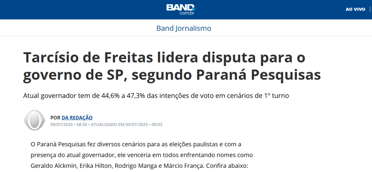 Band cita pesquisa realizada pela Paraná Pesquisas no Estado de São Paulo. 2 Band cita pesquisa realizada pela Paraná Pesquisas no Estado de São Paulo.