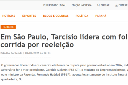 Bem Paraná cita pesquisa realizada pela Paraná Pesquisas no Estado de São Paulo.