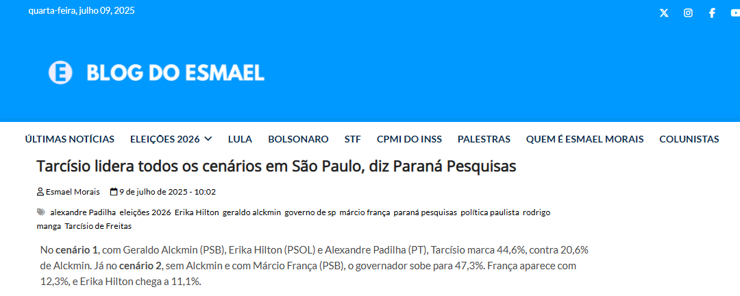 Blog do Esmael cita pesquisa realizada pela Paraná Pesquisas no Estado de São Paulo.
