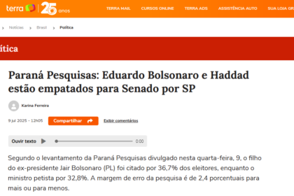 Portal Terra cita pesquisa realizada pela Paraná Pesquisas no Estado de São Paulo.