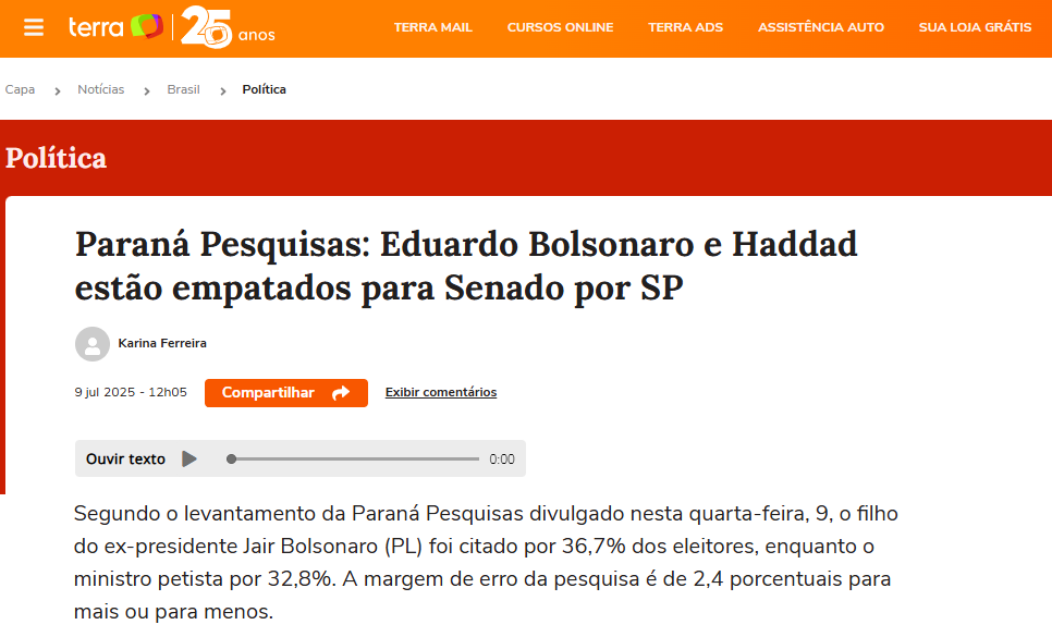 Portal Terra cita pesquisa realizada pela Paraná Pesquisas no Estado de São Paulo. 2 Portal Terra cita pesquisa realizada pela Paraná Pesquisas no Estado de São Paulo.