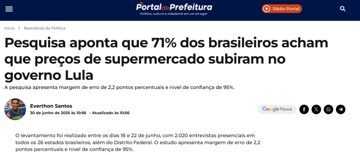 Portal de Prefeitura cita pesquisa realizada pela Paraná Pesquisas.