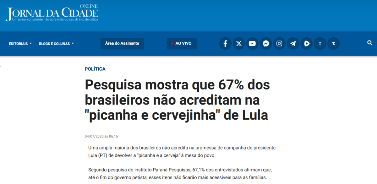 Jornal da Cidade cita pesquisa realizada pela Paraná Pesquisas. 2 Jornal da Cidade cita pesquisa realizada pela Paraná Pesquisas.