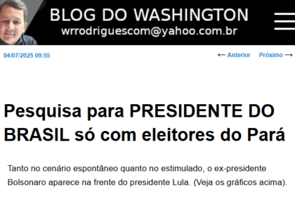 Blog do Washington cita pesquisa realizada pela Paraná Pesquisas no Estado do Pará.