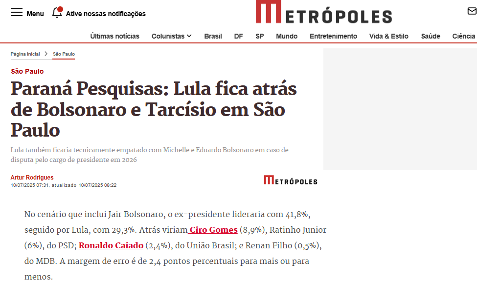 Metrópoles cita pesquisa realizada pela Paraná Pesquisas no Estado de São Paulo.
