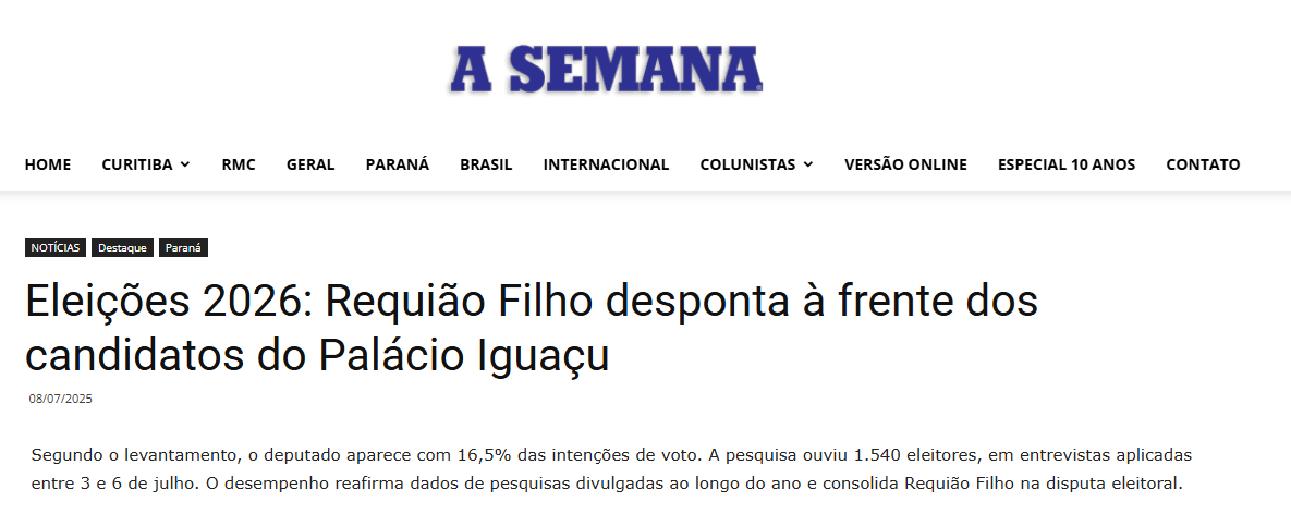 A Semana News cita pesquisa realizada pela Paraná Pesquisas no Estado do Paraná. 2 A Semana News cita pesquisa realizada pela Paraná Pesquisas no Estado do Paraná.