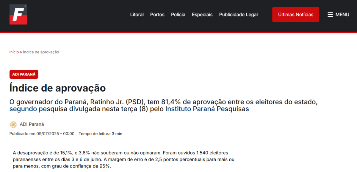Folha do Litoral cita pesquisa realizada pela Paraná Pesquisas no Estado do Paraná.