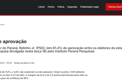 Folha do Litoral cita pesquisa realizada pela Paraná Pesquisas no Estado do Paraná.