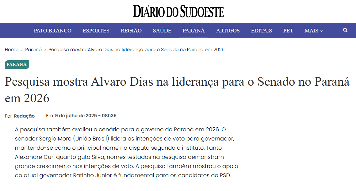 Diário do Sudoeste cita pesquisa realizada pela Paraná Pesquisas no Estado do Paraná.