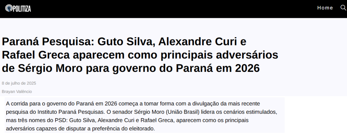 Politiza cita pesquisa realizada pela Paraná Pesquisas no Estado do Paraná. 2 Politiza cita pesquisa realizada pela Paraná Pesquisas no Estado do Paraná.
