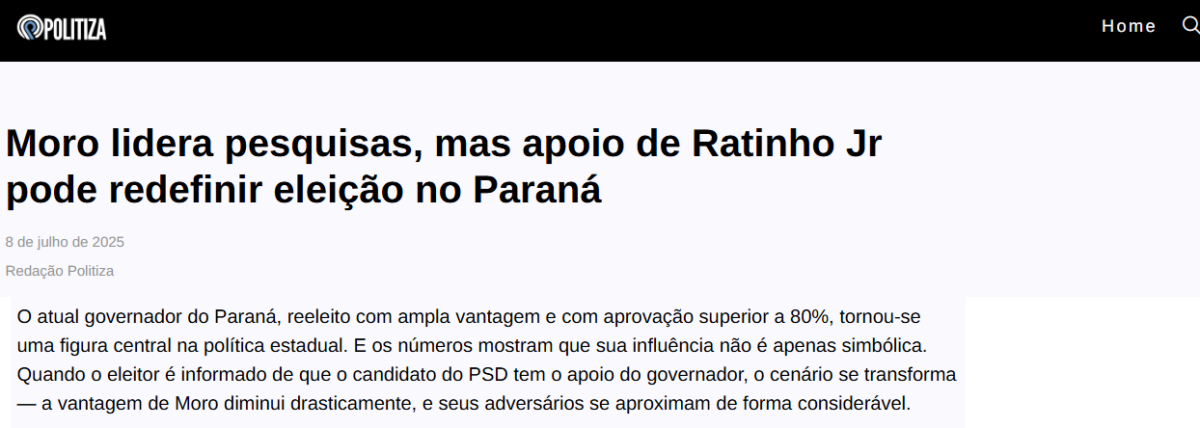 Politiza cita pesquisa realizada pela Paraná Pesquisas no Estado do Paraná.