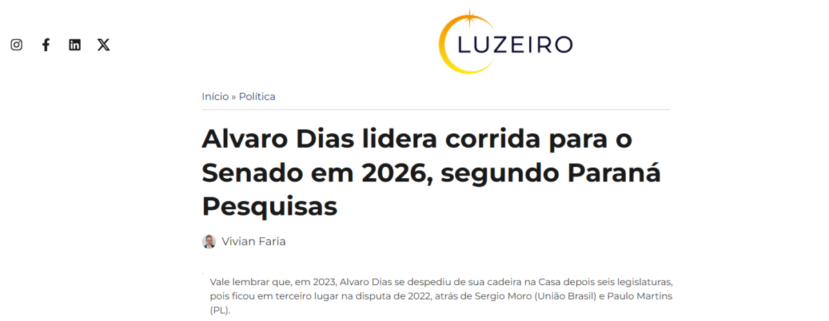 O Luzeiro cita pesquisa realizada pela Paraná Pesquisas no Estado do Paraná. 2 O Luzeiro cita pesquisa realizada pela Paraná Pesquisas no Estado do Paraná.