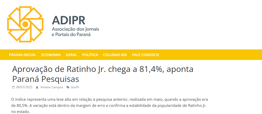 ADIPR cita pesquisa realizada pela Paraná Pesquisas no Estado do Paraná.