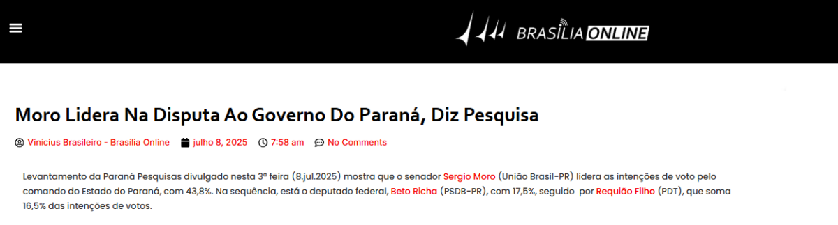 Brasília Online cita pesquisa realizada pela Paraná Pesquisas no Estado do Paraná.