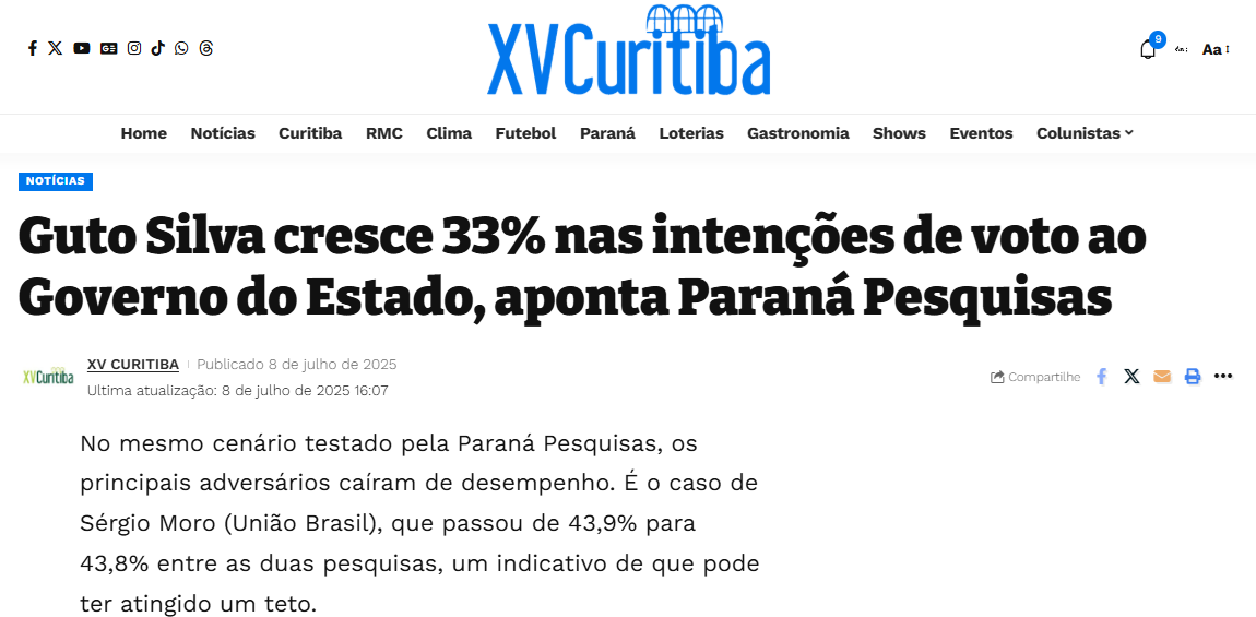 XV Curitiba cita pesquisa realizada pela Paraná Pesquisas no Estado do Paraná. 2 XV Curitiba cita pesquisa realizada pela Paraná Pesquisas no Estado do Paraná.