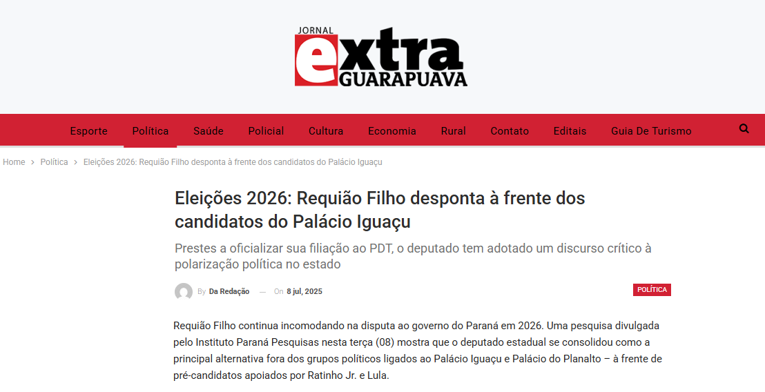 Jornal Exta Guarapuava cita pesquisa realizada pela Paraná Pesquisas no Estado do Paraná.