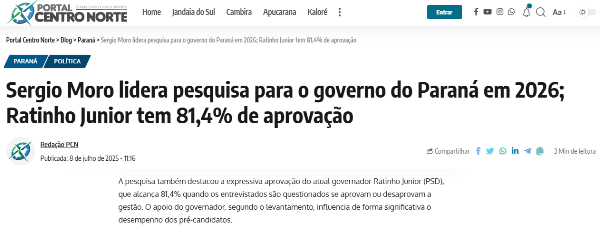 Portal Centro Norte cita pesquisa realizada pela Paraná Pesquisas no Estado do Paraná. 2 Portal Centro Norte cita pesquisa realizada pela Paraná Pesquisas no Estado do Paraná.