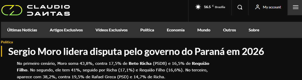 Blog Claudio Dantas cita pesquisa realizada pela Paraná Pesquisas no Estado do Paraná.