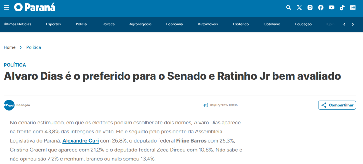 O Paraná cita pesquisa realizada pela Paraná Pesquisas no Estado do Paraná.