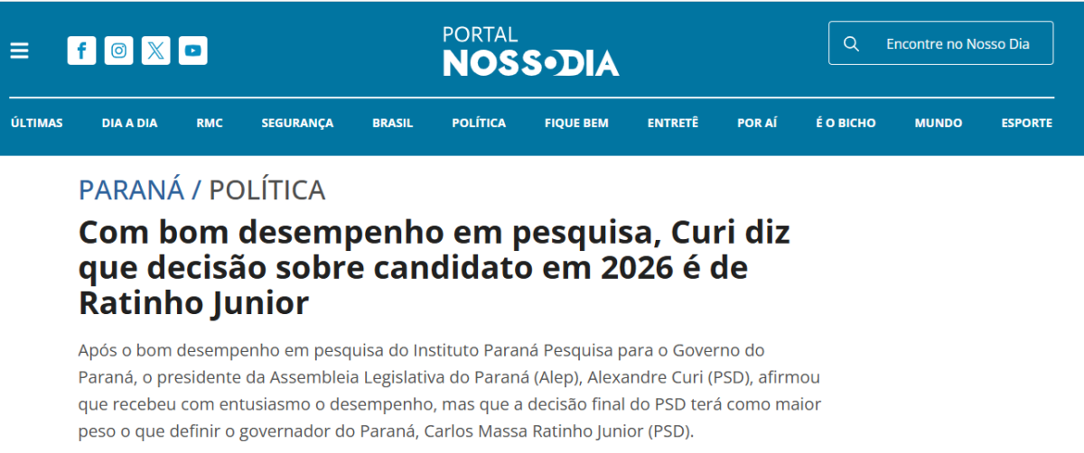 Portal Nosso Dia cita pesquisa realizada pela Paraná Pesquisas no Estado do Paraná. 2 Portal Nosso Dia cita pesquisa realizada pela Paraná Pesquisas no Estado do Paraná.