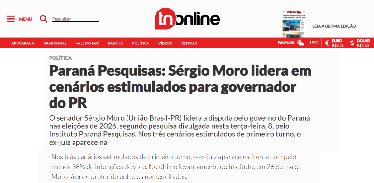 TN Online cita pesquisa realizada pela Paraná Pesquisas no Estado do Paraná.