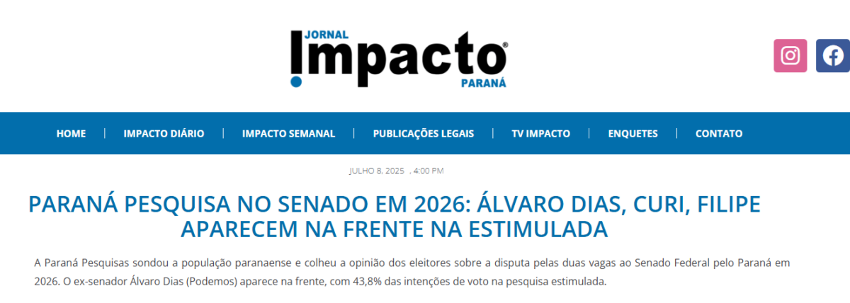 Jornal Impacto cita pesquisa realizada pela Paraná Pesquisas no Estado do Paraná.