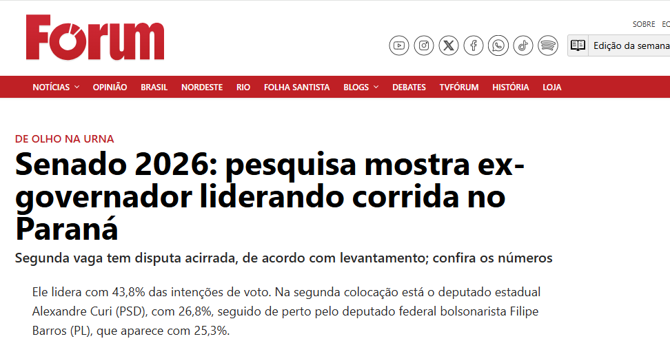 Revista Forum cita pesquisa realizada pela Paraná Pesquisas no Estado do Paraná.