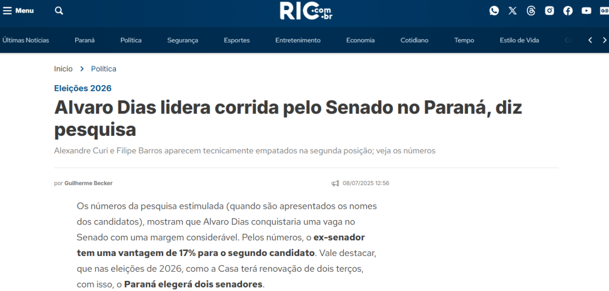 Ric cita pesquisa realizada pela Paraná Pesquisas no Estado do Paraná.
