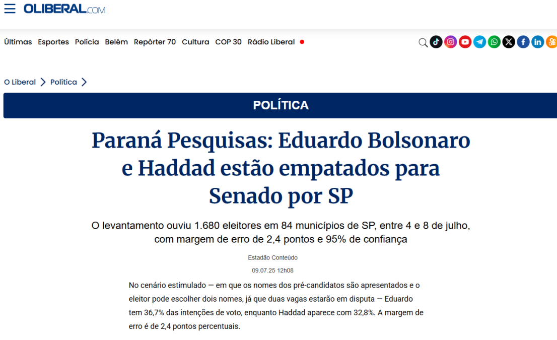 O Liberal cita pesquisa realizada pela Paraná Pesquisas no Estado de São Paulo. 2 O Liberal cita pesquisa realizada pela Paraná Pesquisas no Estado de São Paulo.
