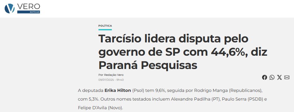 Vero Notícias cita pesquisa realizada pela Paraná Pesquisas no Estado de São Paulo. 2 Vero Notícias cita pesquisa realizada pela Paraná Pesquisas no Estado de São Paulo.