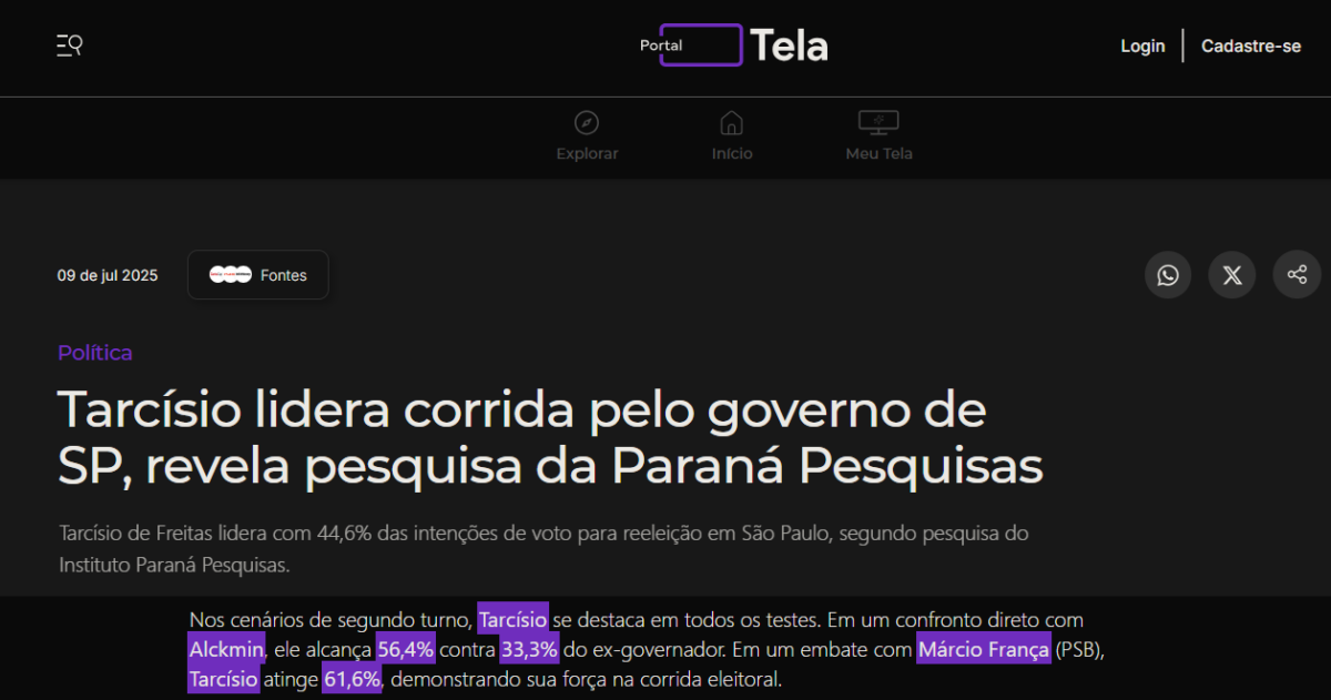 Portal Tela cita pesquisa realizada pela Paraná Pesquisas no Estado de São Paulo. 2 Portal Tela cita pesquisa realizada pela Paraná Pesquisas no Estado de São Paulo.