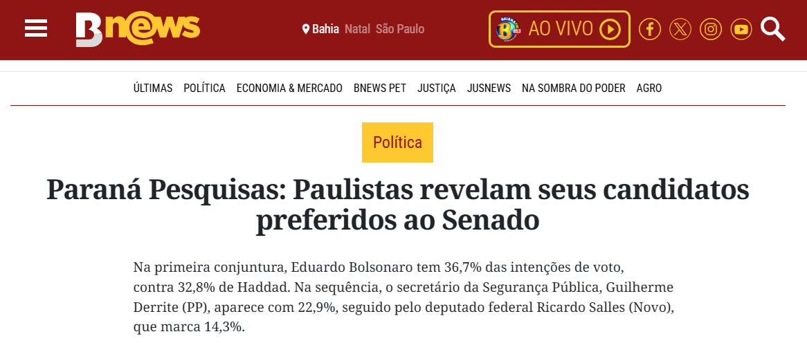 B News cita pesquisa realizada pela Paraná Pesquisas no Estado de São Paulo.