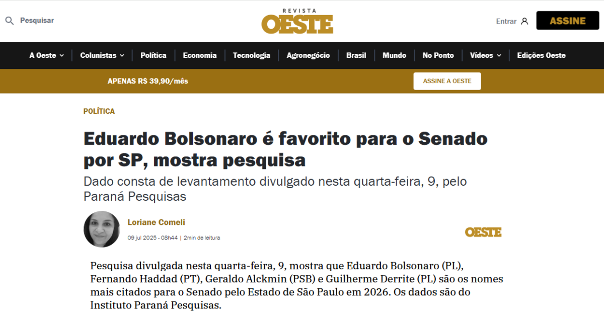 Revista Oeste cita pesquisa realizada pela Paraná Pesquisas no Estado de São Paulo.
