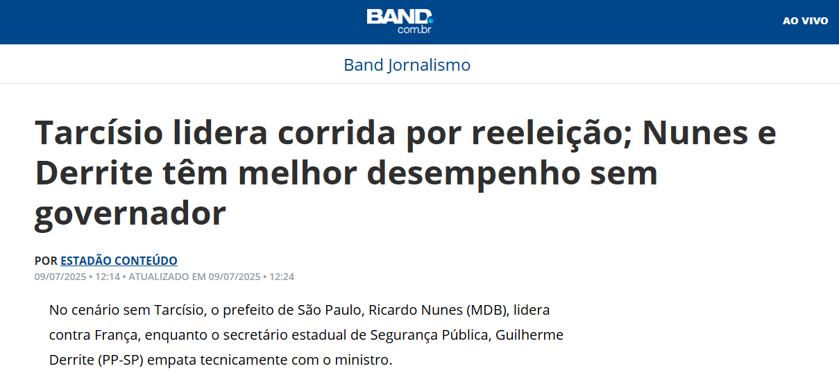 Band cita pesquisa realizada pela Paraná Pesquisas no Estado de São Paulo. 1 Band cita pesquisa realizada pela Paraná Pesquisas no Estado de São Paulo.