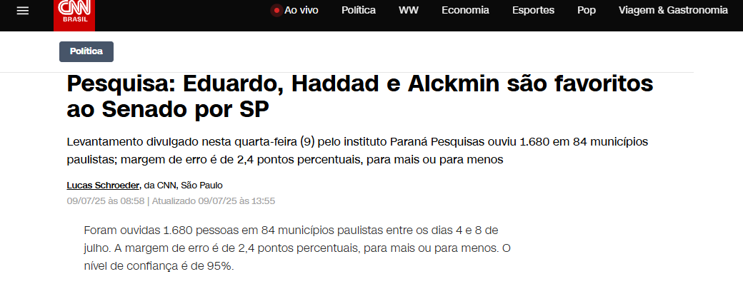 CNN Brasil cita pesquisa realizada pela Paraná Pesquisas no Estado de São Paulo.