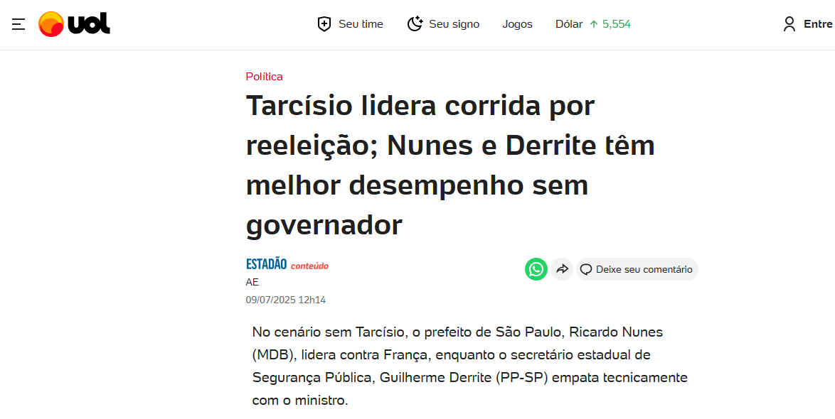 UOL Notícias cita pesquisa realizada pela Paraná Pesquisas no Estado de São Paulo.