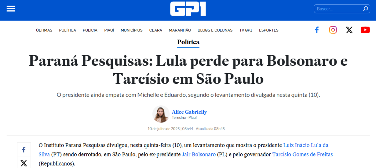 GP1 cita pesquisa realizada pela Paraná Pesquisas no Estado de São Paulo. 2 GP1 cita pesquisa realizada pela Paraná Pesquisas no Estado de São Paulo.
