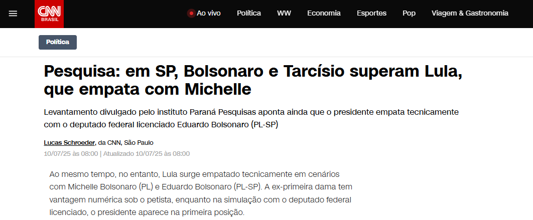 CNN Brasil cita pesquisa realizada pela Paraná Pesquisas no Estado de São Paulo.