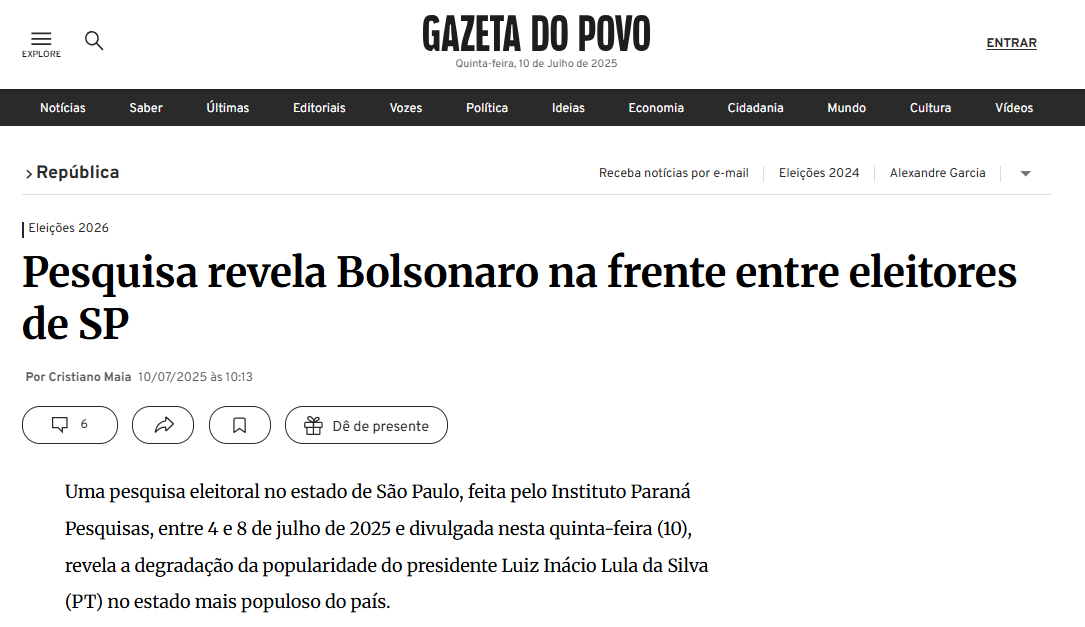 Gazeta do Povo cita pesquisa realizada pela Paraná Pesquisas no Estado de São Paulo. 2 Gazeta do Povo cita pesquisa realizada pela Paraná Pesquisas no Estado de São Paulo.
