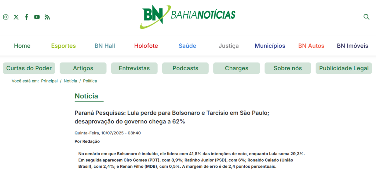 Bahia Notícias cita pesquisa realizada pela Paraná Pesquisas no Estado de São Paulo. 2 Bahia Notícias cita pesquisa realizada pela Paraná Pesquisas no Estado de São Paulo.