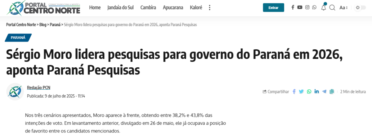 Portal Centro Norte cita pesquisa realizada pela Paraná Pesquisas no Estado do Paraná.