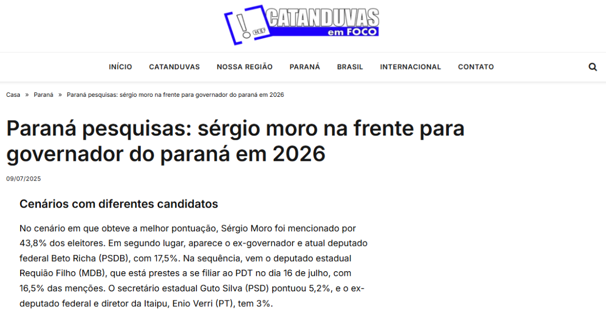 Catanduvas em Foco cita pesquisa realizada pela Paraná Pesquisas no Estado do Paraná.