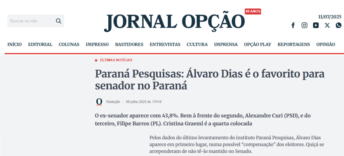 Jornal Opção cita pesquisa realizada pela Paraná Pesquisas no Estado do Paraná.