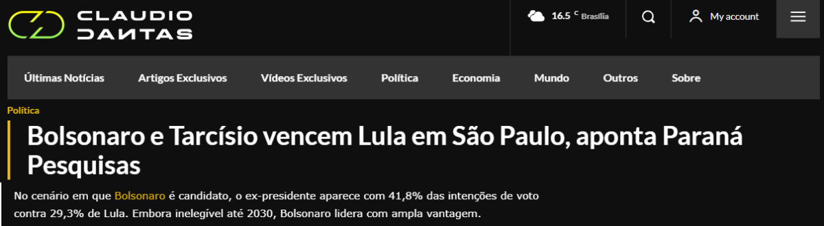 Blog Claudio Dantas cita pesquisa realizada pela Paraná Pesquisas no Estado de São Paulo.